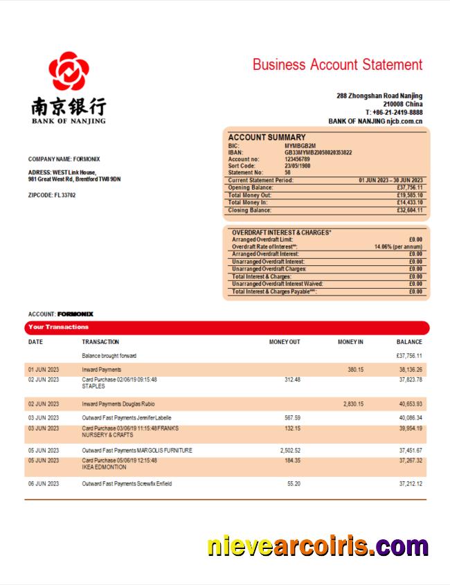 Bank of Nanjing corporate checking account statement